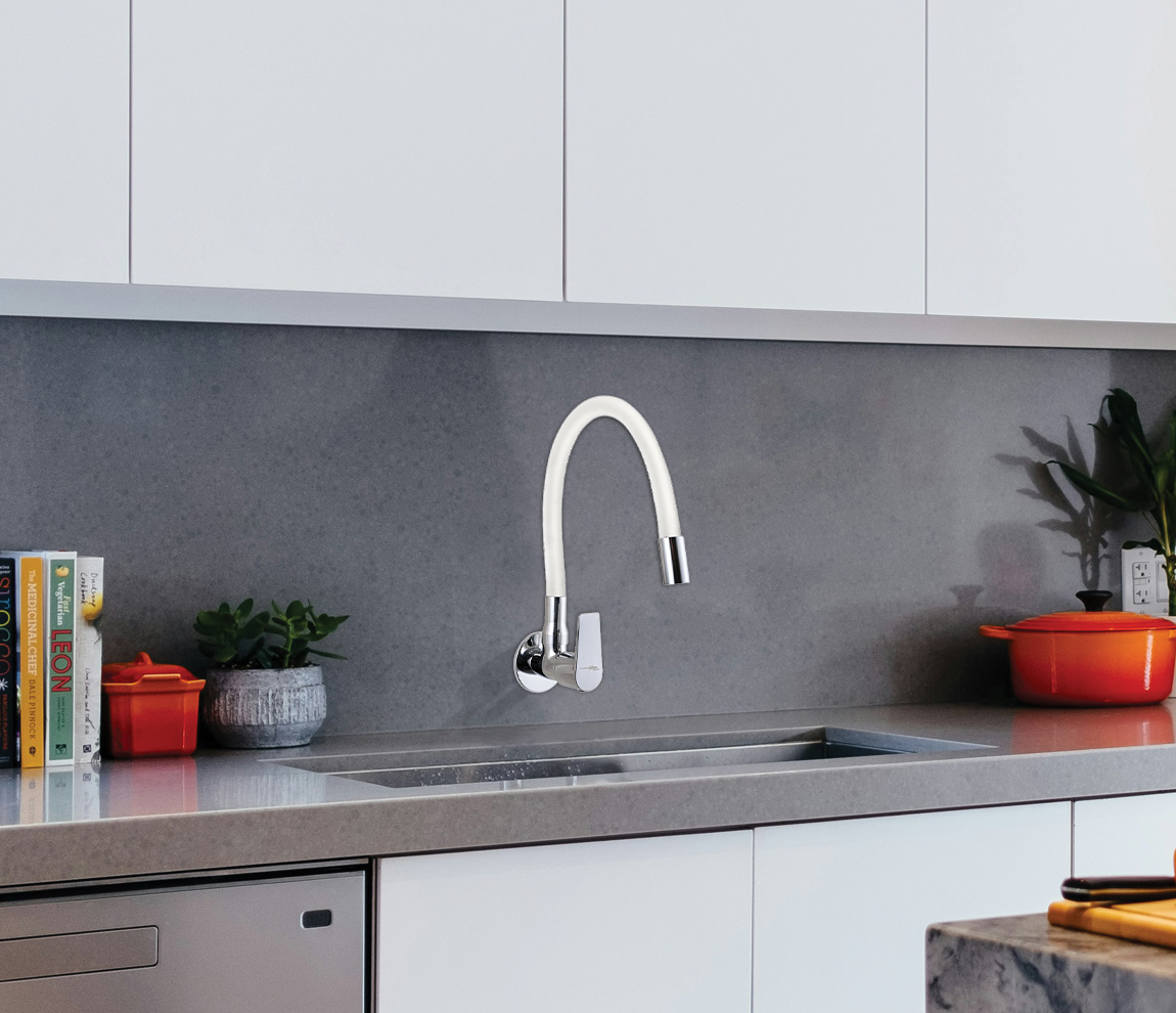 Sink Cock with Flexible Spout Wall Mount - White