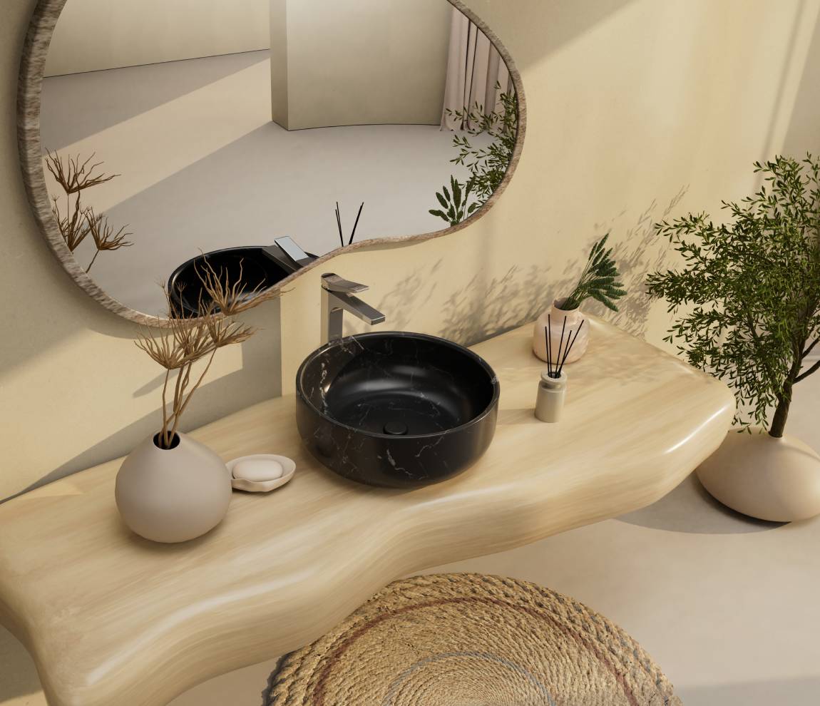 Aarv Over The Counter Stone Basin - Bhaslana Black  Gloss