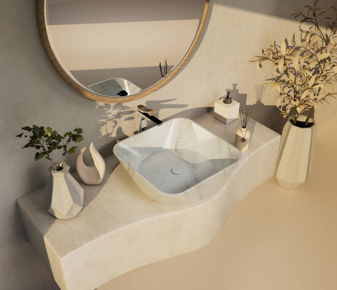 Mrida Over The Counter Stone Basin - Banswara White Matte